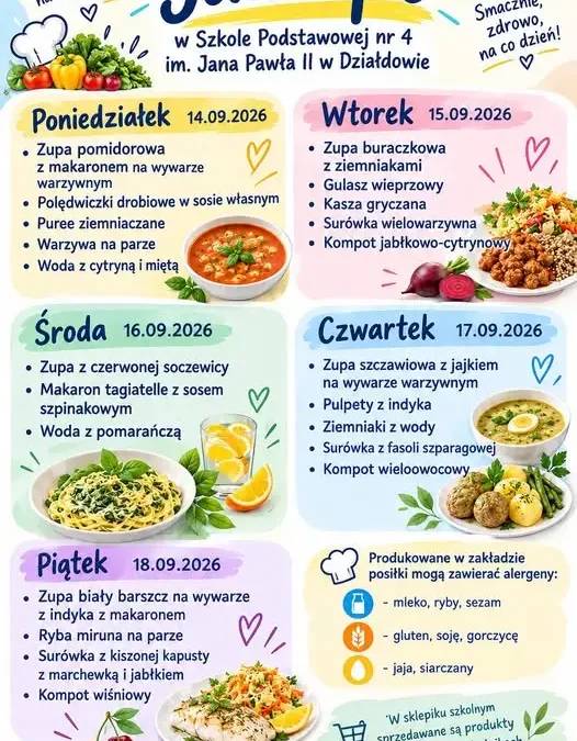Szkoła Podstawowa nr 4 w Działdowie wznawia obiady. Znamy jadłospis na najbliższy tydzień