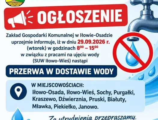 Przerwa w dostawie wody w gminie Iłowo-Osada – 29 września