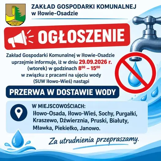 Przerwa w dostawie wody w gminie Iłowo-Osada – 29 września