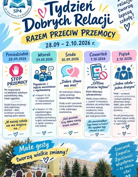 Szkoła Podstawowa nr 4 w Działdowie organizuje Tydzień Przeciwdziałania Przemocy Rówieśniczej