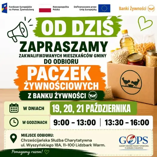 Odbioru żywności z Banku Żywności w Lidzbarku Warmińskim – 19-21 października