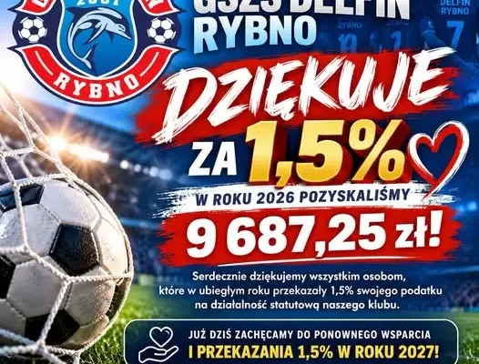 Delfin Rybno dziękuje za 1,5% podatku – prawie 10 tys. zł na rozwój klubu